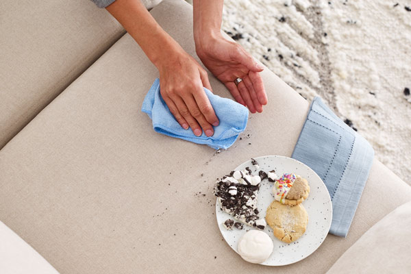 spilled plate of cookies on a sofa with someone wiping it up